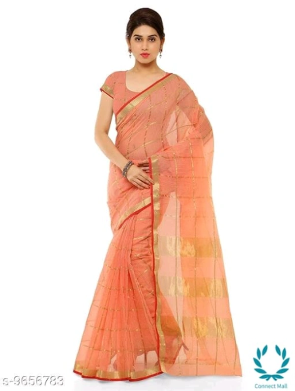 Orange Kota Doria Cotton Zari Stripes Checks saree with Unstitched Blouse piece - Striped, Pack Of :1